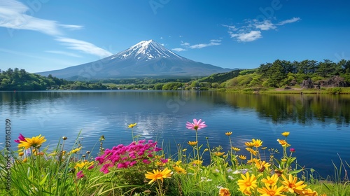 Scenic view of Mt. Fuji and a lake with flowers in the foreground.