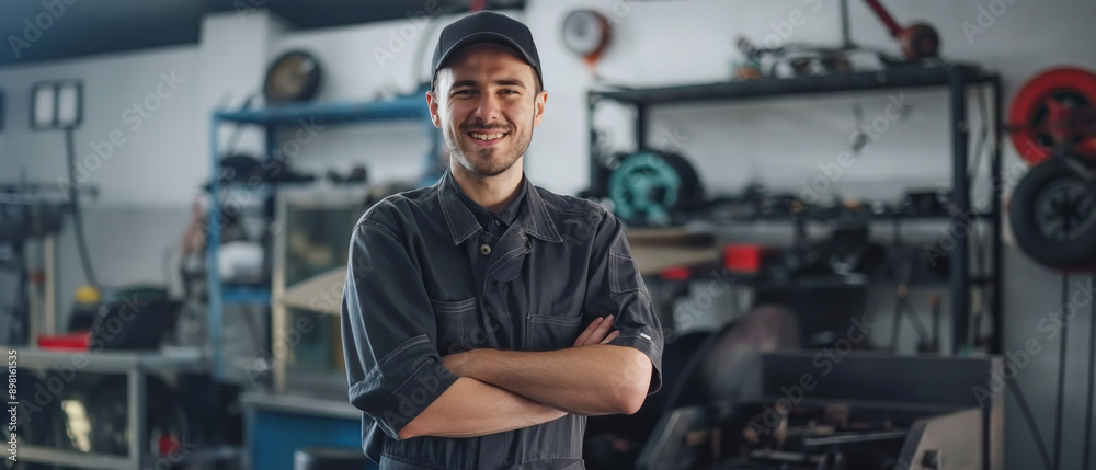 mechanic in uniform standing with arms crossed at the car service center mechanic in uniform standing with arms crossed at the car service center