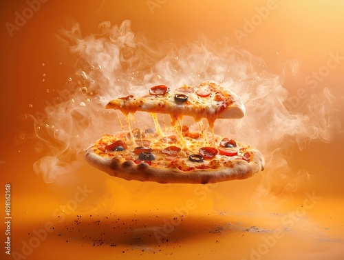 Creative layout of hot delicious pizza with smoke on an orange background photo