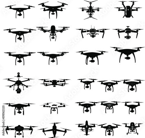 A comprehensive set of drone silhouettes in various shapes and designs, showcasing quadcopters, hexacopters, and other multi-rotor configurations.