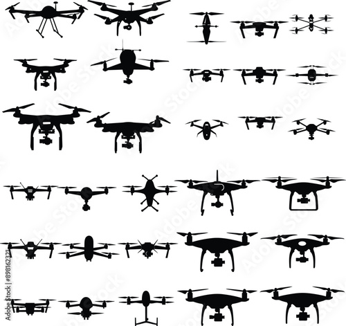 A comprehensive set of drone silhouettes in various shapes and designs, showcasing quadcopters, hexacopters, and other multi-rotor configurations.