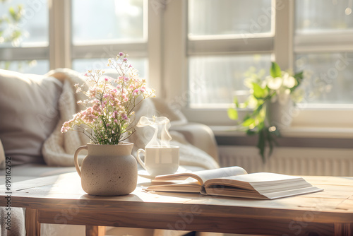 Calm Morning Ritual: Embracing Simplicity with a Cup of Tea and a Good Book in a Serene Space.