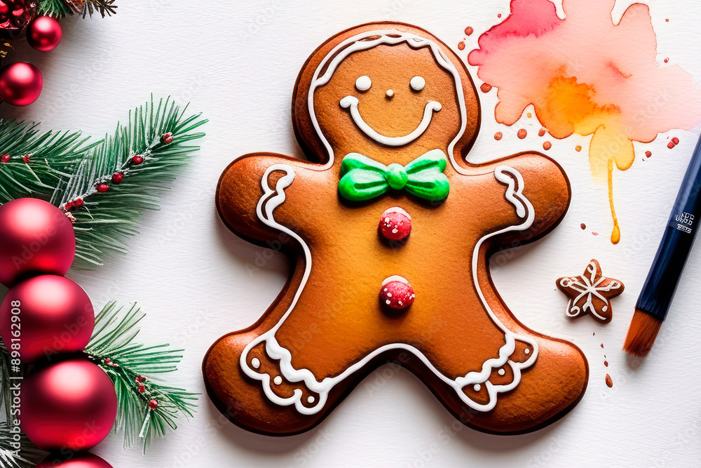 Fototapeta premium Christmas gingerbread man painted in watercolor on textured white paper with paint splashes and blotches. Christmas balls and fir branches on white background