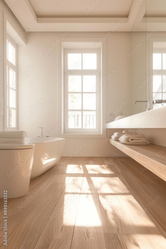 Bathroom with white walls, wooden floor and white bathtub. Bathroom with white walls, wooden floor and white bathtub.