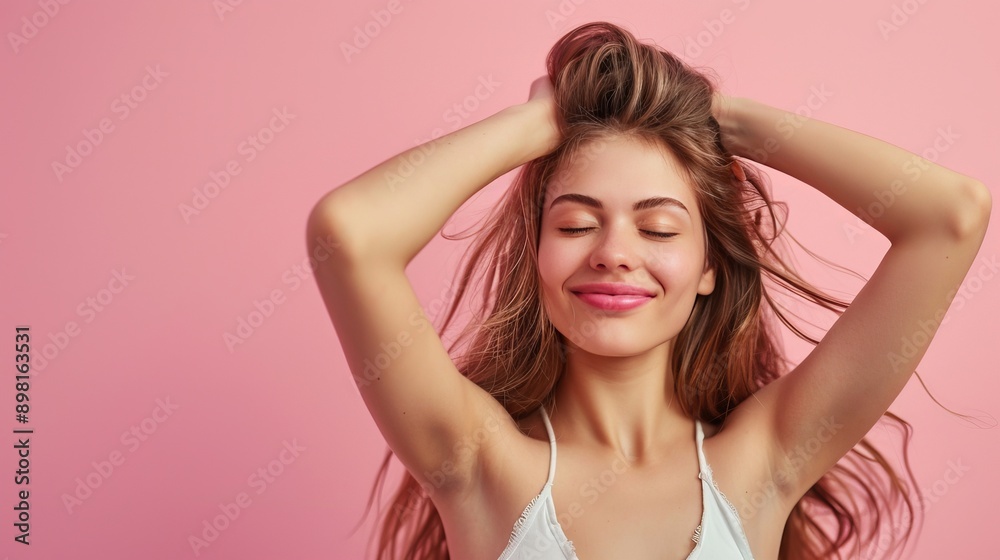 Gorgeous Caucasian girl raises her hands, clutching her hair. Young woman with beauty, hair removal, sugaring, smooth armpit skin, salon body and armpit skin care. girl with closed eyes, happy Gorgeous Caucasian girl raises her hands, clutching her hair. Young woman with beauty, hair removal, sugaring, smooth armpit skin, salon body and armpit skin care. girl with closed eyes, happy