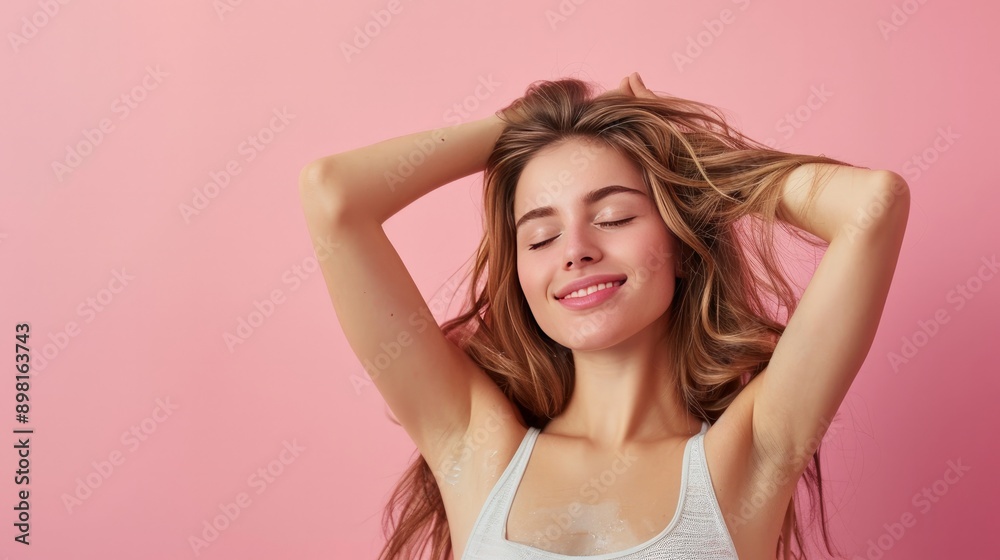 Gorgeous Caucasian girl raises her hands, clutching her hair. Young woman with beauty, hair removal, sugaring, smooth armpit skin, salon body and armpit skin care. girl with closed eyes, happy Gorgeous Caucasian girl raises her hands, clutching her hair. Young woman with beauty, hair removal, sugaring, smooth armpit skin, salon body and armpit skin care. girl with closed eyes, happy