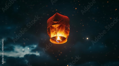 A single lantern floating high above, surrounded by the darkness of the night sky, symbolizing hope and peace.