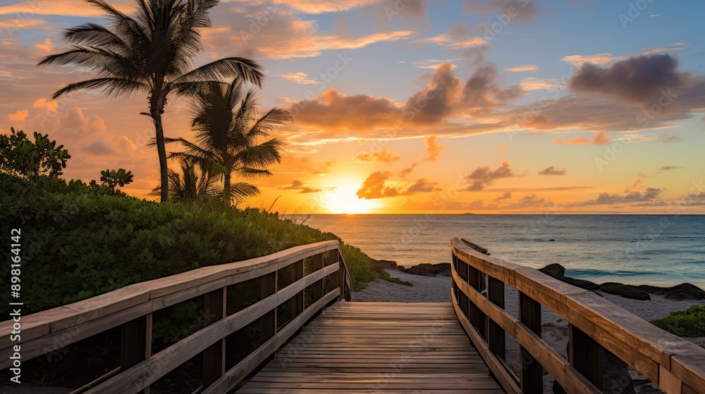 Obraz premium view of footbridge to the Smathers beach at sunrise 