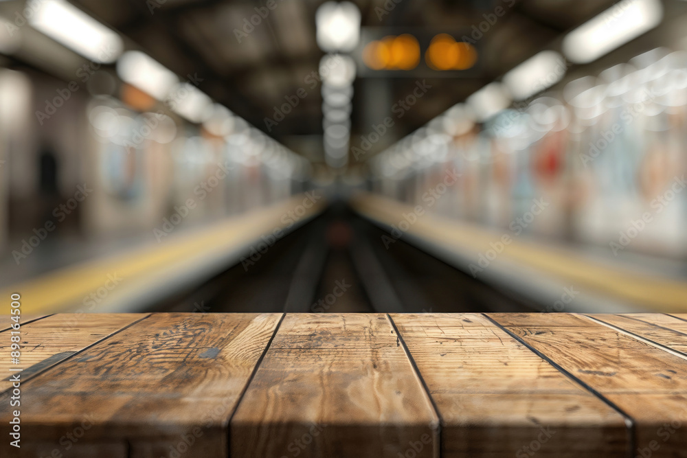 Empty wooden table top on blur background of train station, perfect for product display Empty wooden table top on blur background of train station, perfect for product display
