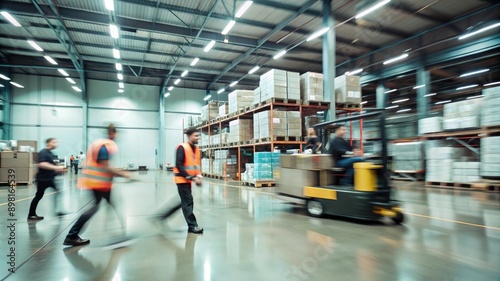 A busy warehouse scene captured with motion blur, showcasing the dynamic environment of logistics and supply.