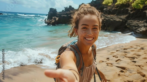 A smiling, content hiker who has overcome an obstacle is receiving assistance from a helping hand. Travelers in backpacks strolling along Papakolea's Green Sand Beach on Hawaii's Big Island. a young c photo