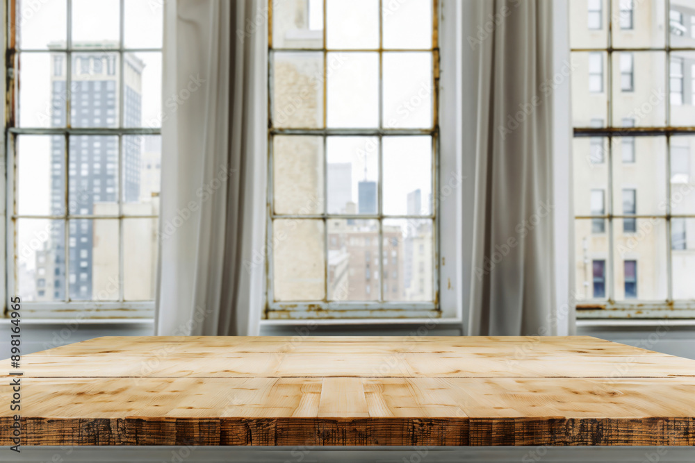 Fototapeta premium Empty wooden table top with big windows showing buildings city view in background