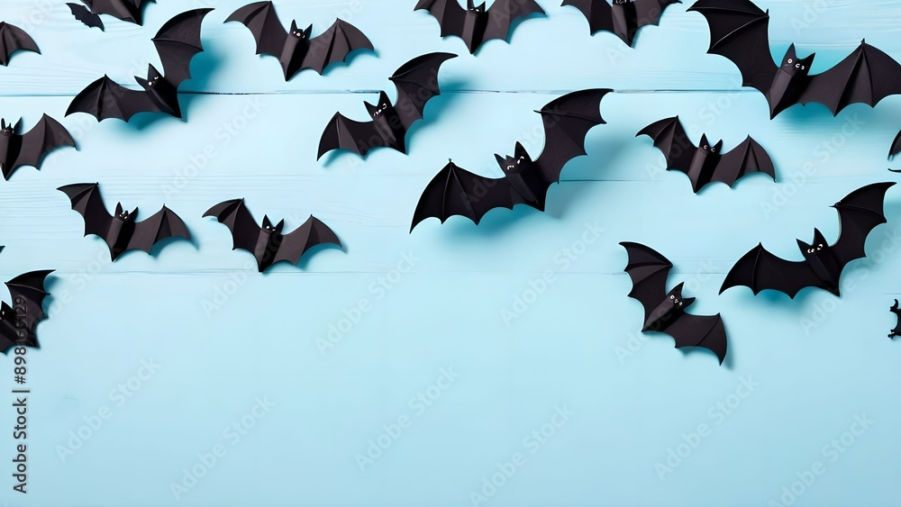 Naklejka premium Top view of Halloween crafts, black paper bats flying over blue pastel wooden background with copy space for text. halloween concept.