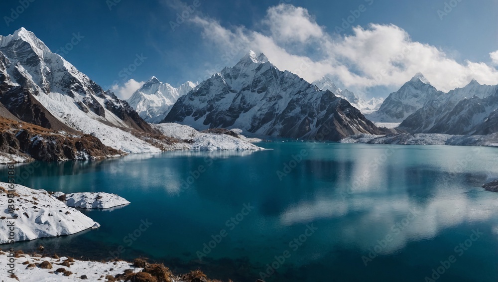 Gokyo Lake scenery - Himalayas covered in snow, breathtaking nature, ideal for background and wallpaper, high contrast Gokyo Lake scenery - Himalayas covered in snow, breathtaking nature, ideal for background and wallpaper, high contrast