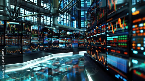 virtual stock market trading floor where brokers trade using sophisticated algorithms and multiple high-resolution digital screens