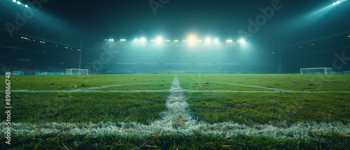 A nighttime view of an empty soccer stadium with lights shining on the grass creates a dramatic and atmospheric scene.