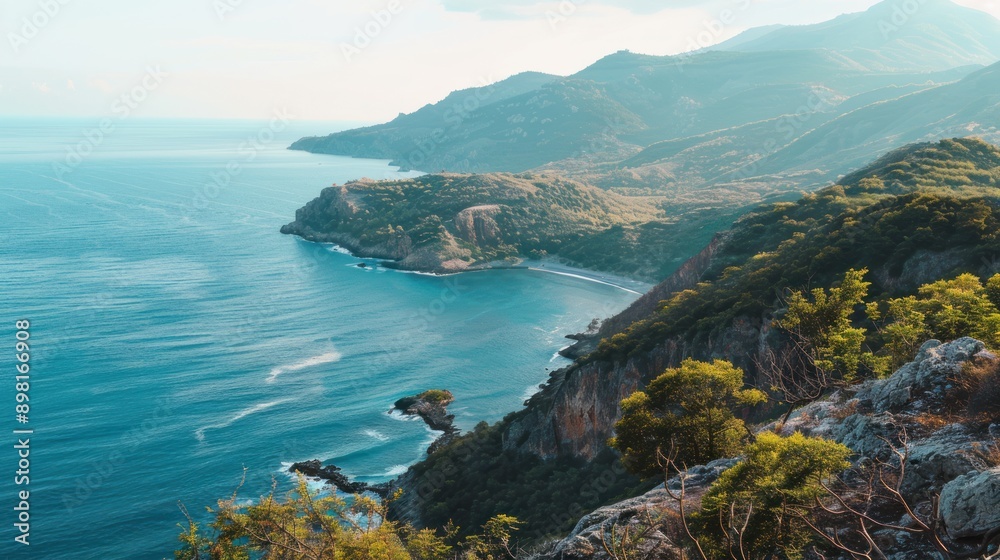 A view from the top of the mountain where the upper part flows directly into the sea below. which is against geographic rules A view from the top of the mountain where the upper part flows directly into the sea below. which is against geographic rules