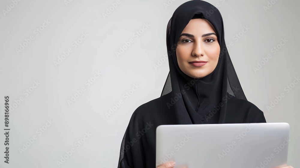 Abaya Arab businesswoman using laptop for work on white background Abaya Arab businesswoman using laptop for work on white background