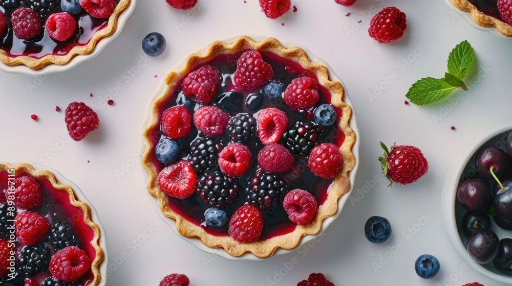 A table featuring various pies filled with berries and blueberries
