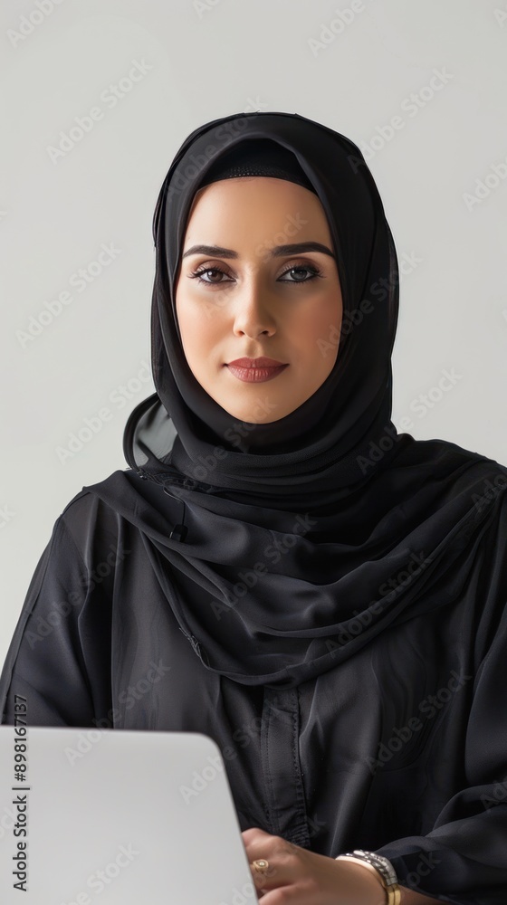 Abaya Arab businesswoman using laptop for work on white background Abaya Arab businesswoman using laptop for work on white background