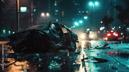 Car crash road accident at night in the city, copy space