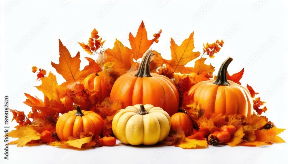 Autumn leaves and pumpkins on white background with large copy space in the middle and Autumn particles Autumn leaves and pumpkins on white background with large copy space in the middle and Autumn particles