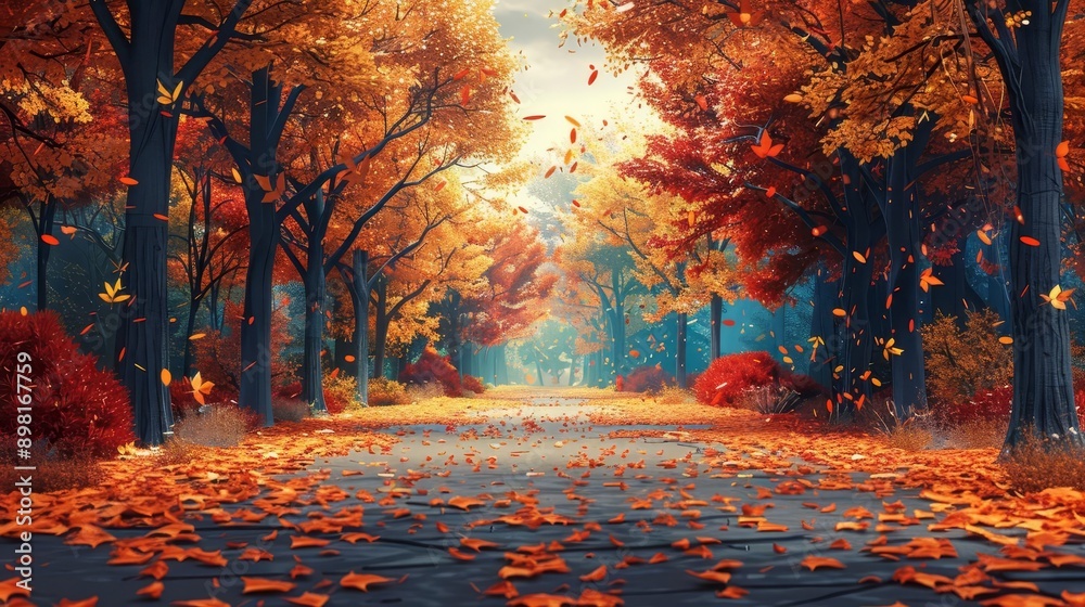 Fototapeta premium Vibrant autumn forest pathway with falling leaves, warm colors, seasonal beauty