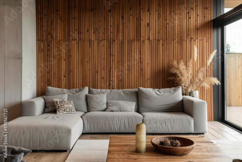 Minimalist home interior design of modern living room with a volumetric wood panelling wall