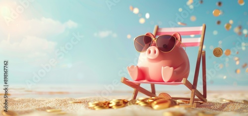 Wallpaper Mural Pink piggybank in a sunglasses on a deck chair with gold coins falling around on a sandy beach Torontodigital.ca