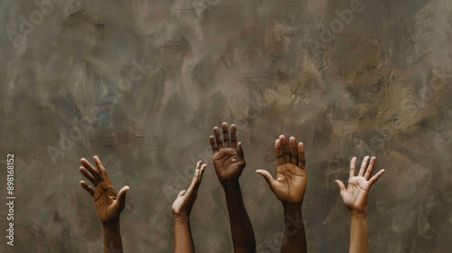 Diverse hands raised up high together, banner with empty space for text photo