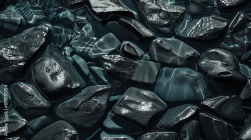 Anthracite pebble stones underwater, top view