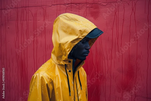 African American man in yellow raincoat against red wall