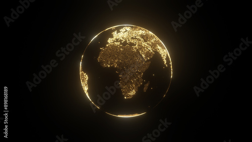 3D illustration of glowing golden globe of the Earth planet from particulars