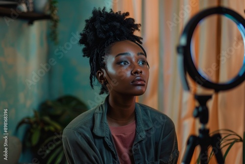 Young African female influencer doing a vlog post at home, sitting against ring light