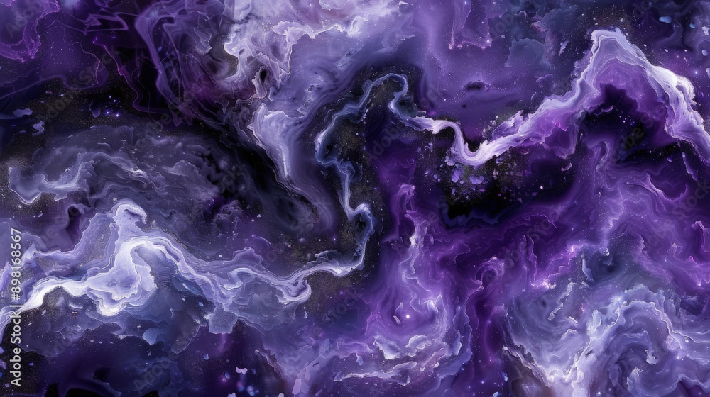 Swirling patterns and colors of an abstract purple galaxy background create a fluid art texture Swirling patterns and colors of an abstract purple galaxy background create a fluid art texture