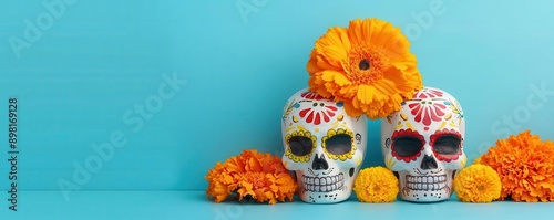 Colorful skulls adorned with vibrant flowers, celebrating life's beauty and the Day of the Dead in a vivid composition.