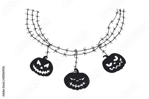 Three pumpkins as a necklace on a barbed wire chain