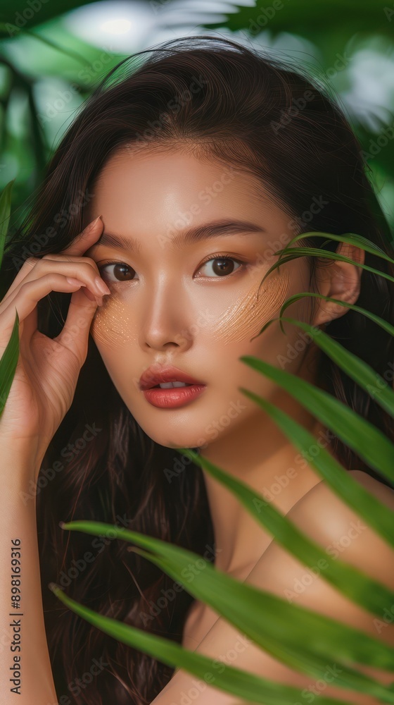 Asian model woman applies red lipstick. Dark hair, sits near green plant with blurred background creating mystery. Close-up shot of beauty studio promo showing makeup process. Asian model woman applies red lipstick. Dark hair, sits near green plant with blurred background creating mystery. Close-up shot of beauty studio promo showing makeup process.