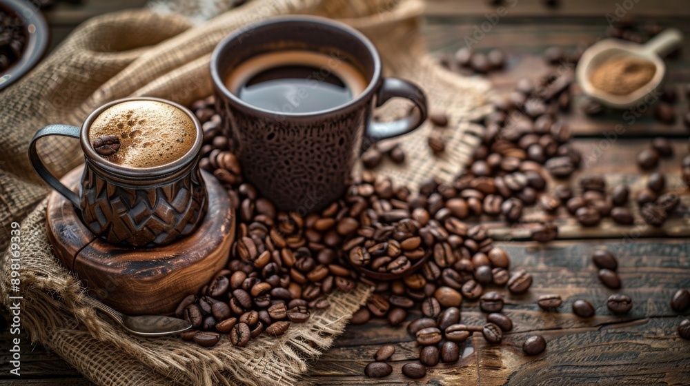 Coffee Cups with Beans on Rustic Surface Coffee Cups with Beans on Rustic Surface