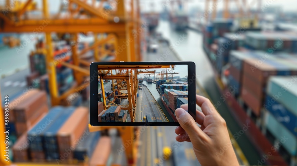 Augmented reality transportation and logistics concept Hand holding tablet using AR application involving industrial crane loading containers on cargo ship at international port.