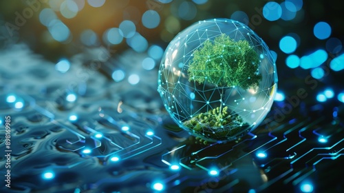 A futuristic digital representation of a green ecosystem encapsulated in a transparent sphere, interconnected by a network of lights and circuits, symbolizing the harmony between technology and natur