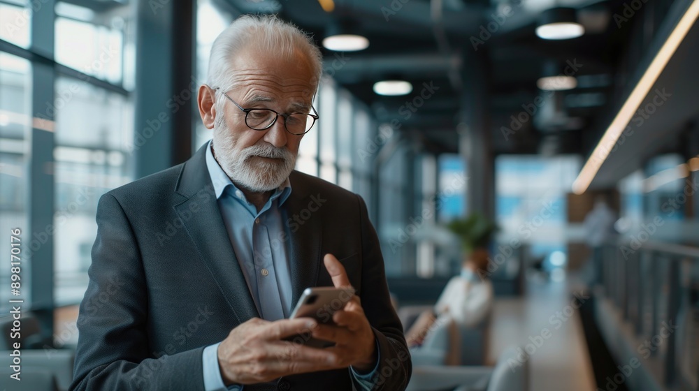 Busy elderly businessman wearing a suit using a mobile phone at work Executive manager, middle-aged businessman or entrepreneur holding a smartphone looking at a mobile phone standing in the office Busy elderly businessman wearing a suit using a mobile phone at work Executive manager, middle-aged businessman or entrepreneur holding a smartphone looking at a mobile phone standing in the office