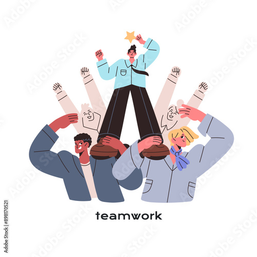 Teamwork and leadership concept. Team achieves corporate success. Employees and leader celebrate win together. Office workers, coworkers rejoice in victory. Flat isolated vector illustration on white