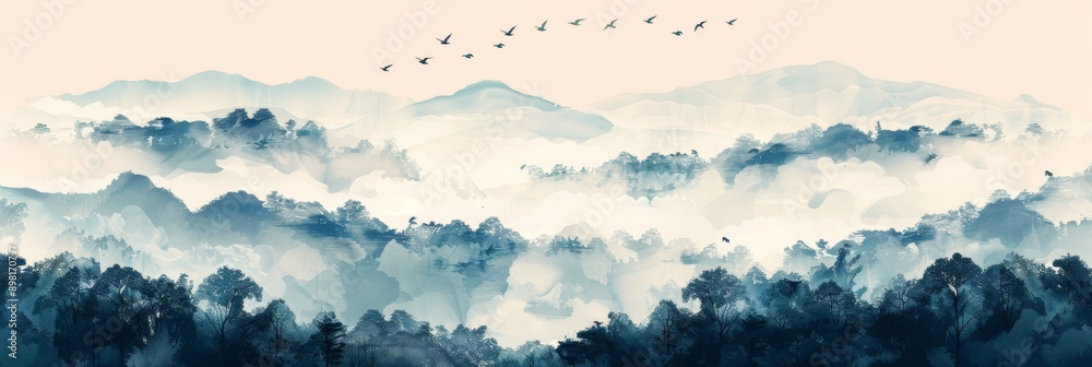 Chinese style ink painting, mountains and forests in the fog, birds flying above Chinese style ink painting, mountains and forests in the fog, birds flying above