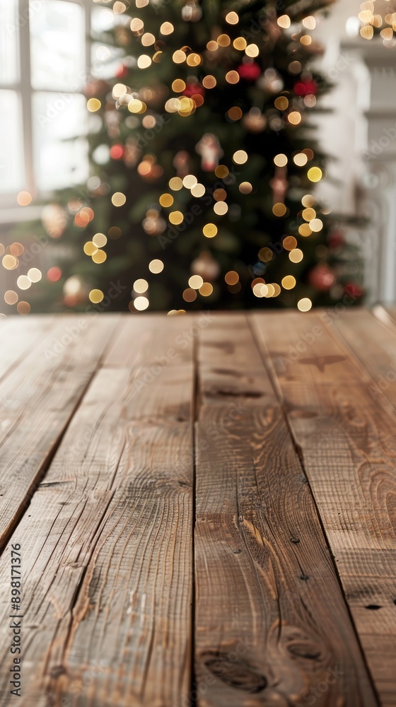Empty table in front of christmas tree with decorations background, Tabletop for product display montage, space for advertising or text Empty table in front of christmas tree with decorations background, Tabletop for product display montage, space for advertising or text