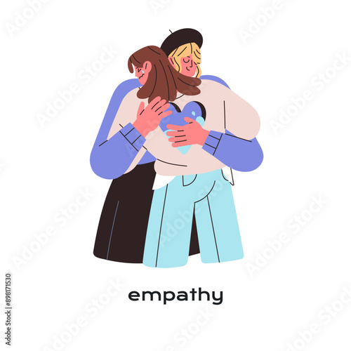 Empathy concept. Soothing woman cares about crying girl, embraces. Friend hugs, supports in sadness. Fellow consoling, comforting upset person in sorrow. Flat isolated vector illustration on white