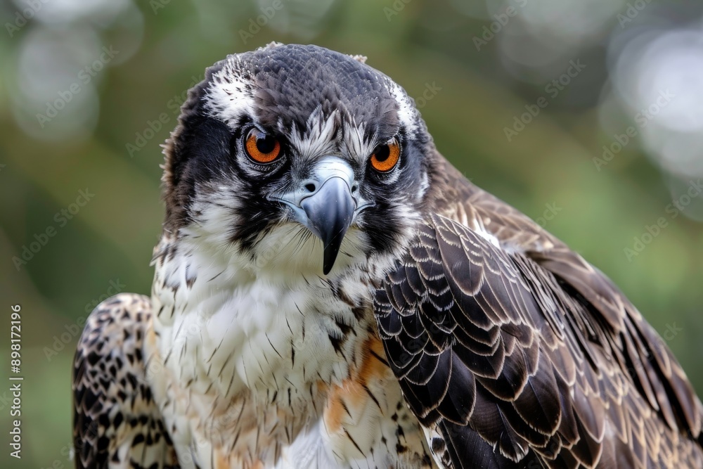 Naklejka premium A striking close-up shot of an osprey, highlighting the bird's piercing orange eyes, sharp beak, and textured feathers, emblematic of its predatory prowess and beauty in nature.