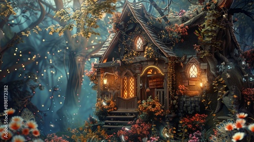 A charming, whimsical forest cottage illuminated by delicate lights, surrounded by colorful flowers and lush vegetation, creating an enchanting and magical retreat. © ChaoticMind