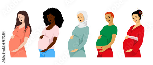 Set of pregnant women with different ethnicity