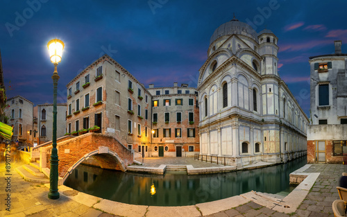 Obraz na płótnie Venice, Italy. Wide angle HDR-panorama with Church of Saint Mary of Miracles at dusk w salonie